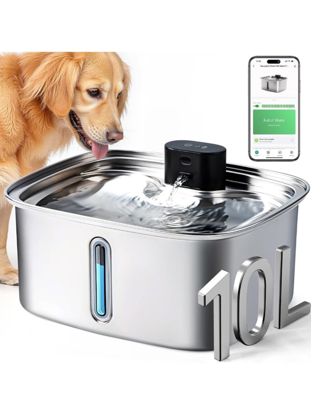 Large 10L Cordless Dog Water Fountain - Stainless Steel, APP Monitoring